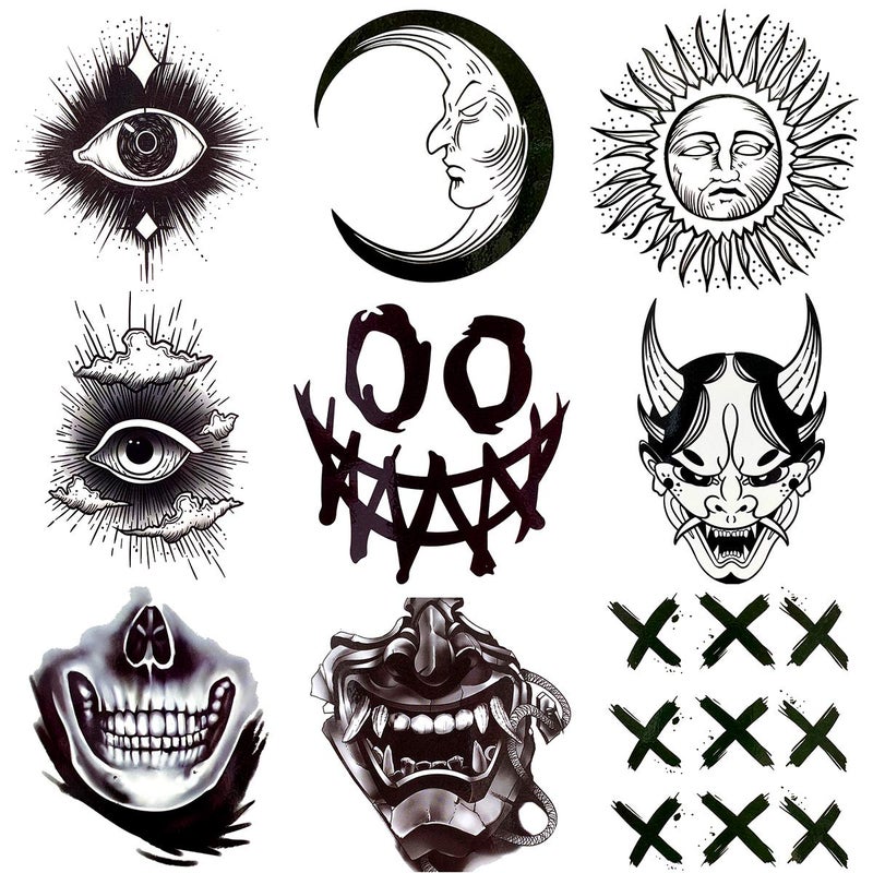 Oottati Waterproof 9 Sheets Back of Hand Fake Temporary Tattoo Stickers - Black Halloween Skull Horror Eye Devil Sun Moon Totem (Halloween) - Image 1
